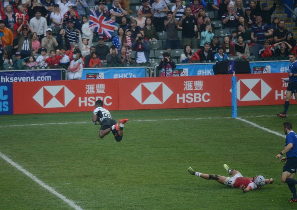 Fiji’s Terio Veilawa jumps up before touching down for his sudden-death try – just. Photo: Antony Dickson