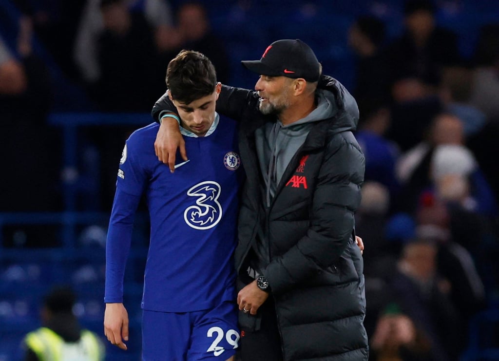 Liverpool manager Jurgen Klopp with Chelsea’s Kai Havertz after the match. Photo: Reuters