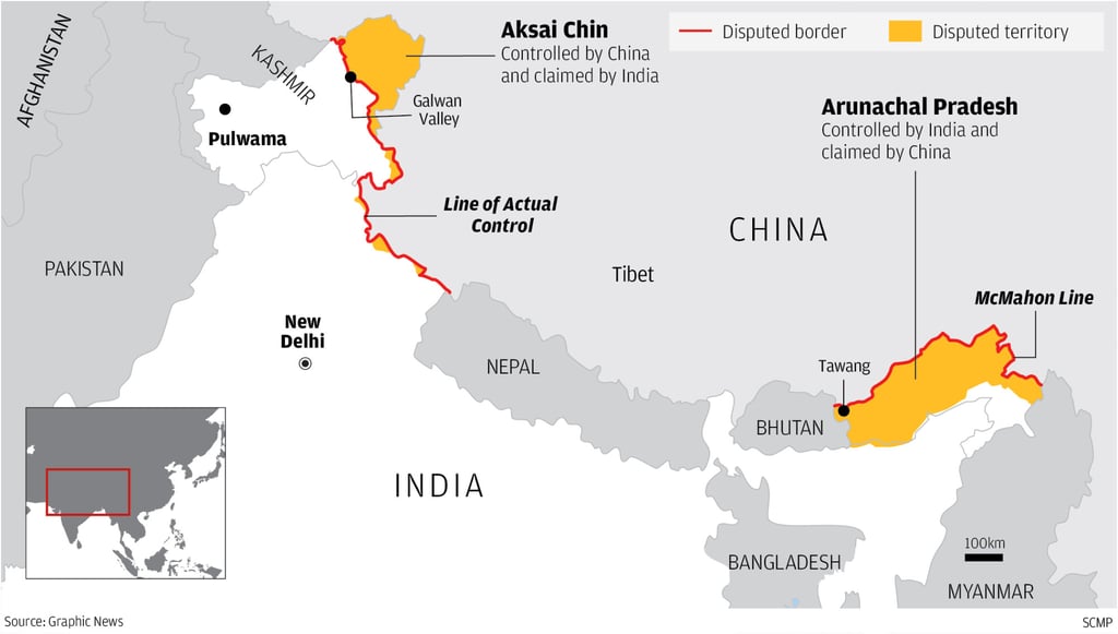 The two sides have never been able to agree on where their borders lie, and both sides claim sizeable territories on the other side of the Line of Actual Control. Graphic: SCMP The two sides have never been able to agree on where their borders lie, and both sides claim sizeable territories on the other side of the Line of Actual Control. Graphic: SCMP