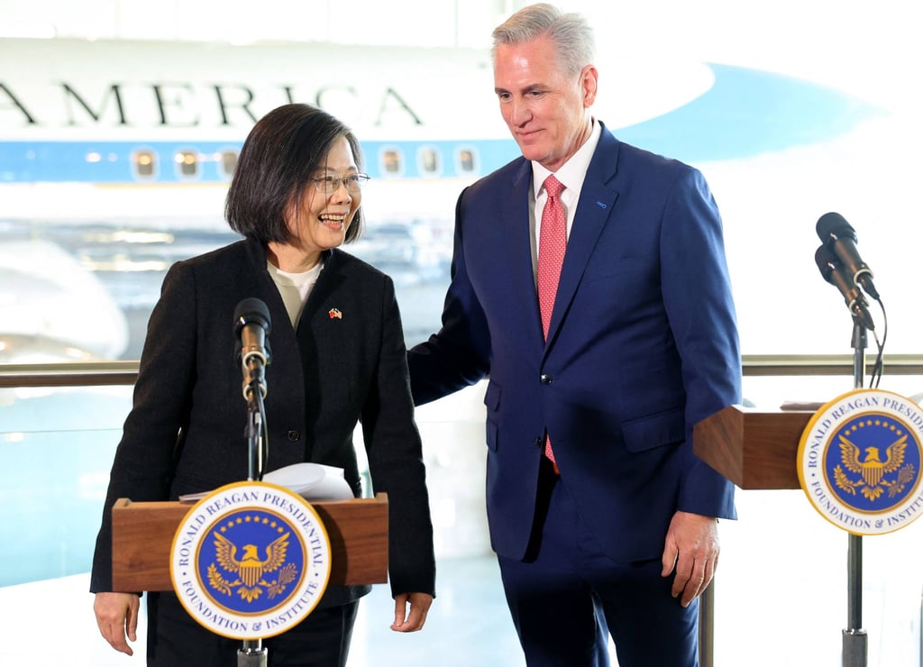 Taiwanese President Tsai Ing-wen (left) and US House Speaker Kevin McCarthy stand together at the Ronald Reagan Presidential Library in California after making statements to the press on Wednesday. Photo: Getty Images via AFP