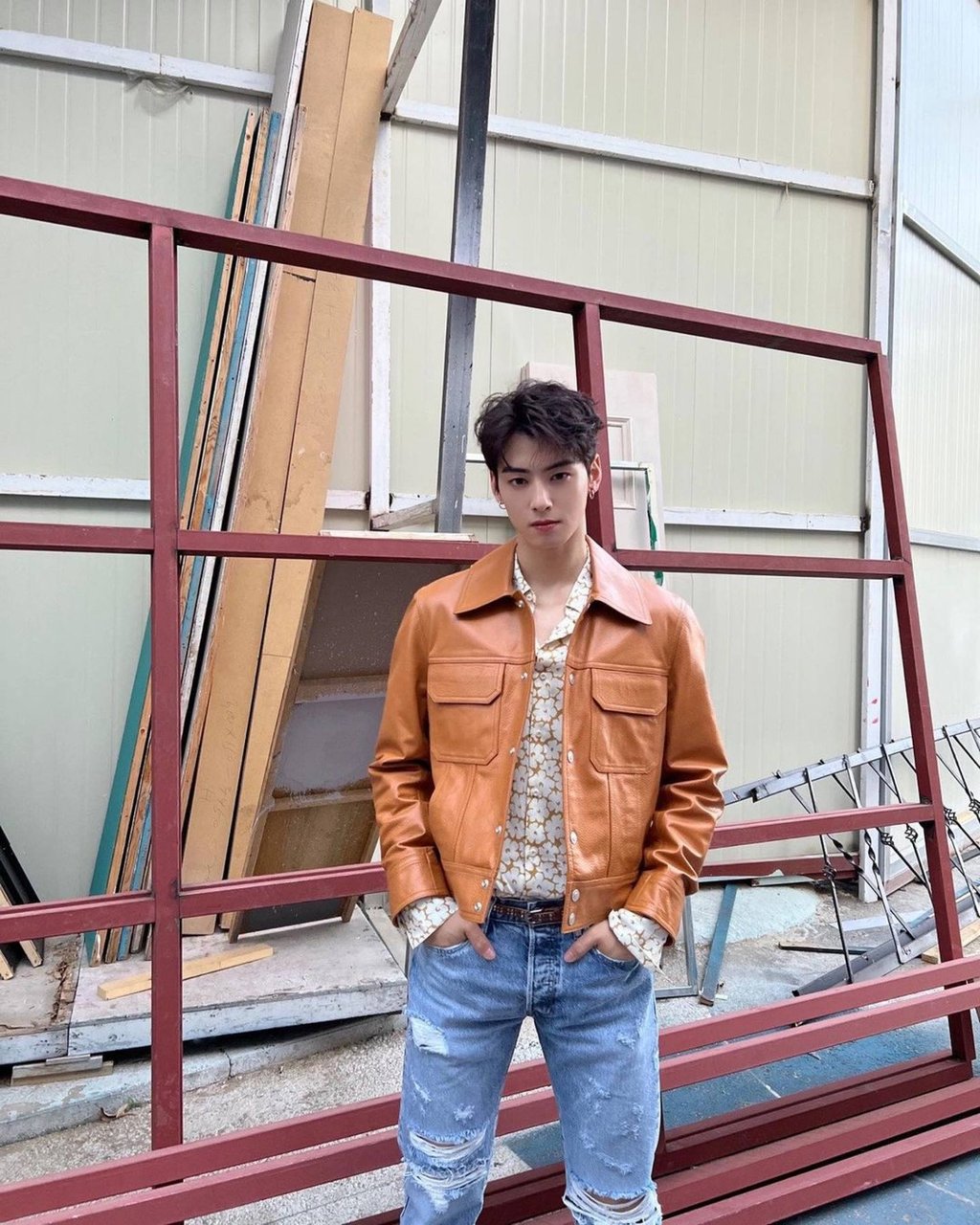 Cha Eun-woo added an edge to his outfit with a leather jacket. Photo: @eunwo.o_c/Instagram Cha Eun-woo added an edge to his outfit with a leather jacket. Photo: @eunwo.o_c/Instagram