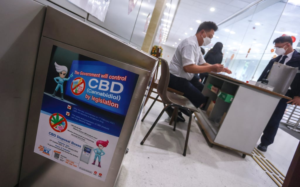 A CBD products disposal box at Queensway Government Offices in Admiralty, Hong Kong. The city’s ban on cannabidiol products came into effect in February 2023. Photo: Jonathan Wong A CBD products disposal box at Queensway Government Offices in Admiralty, Hong Kong. The city’s ban on cannabidiol products came into effect in February 2023. Photo: Jonathan Wong