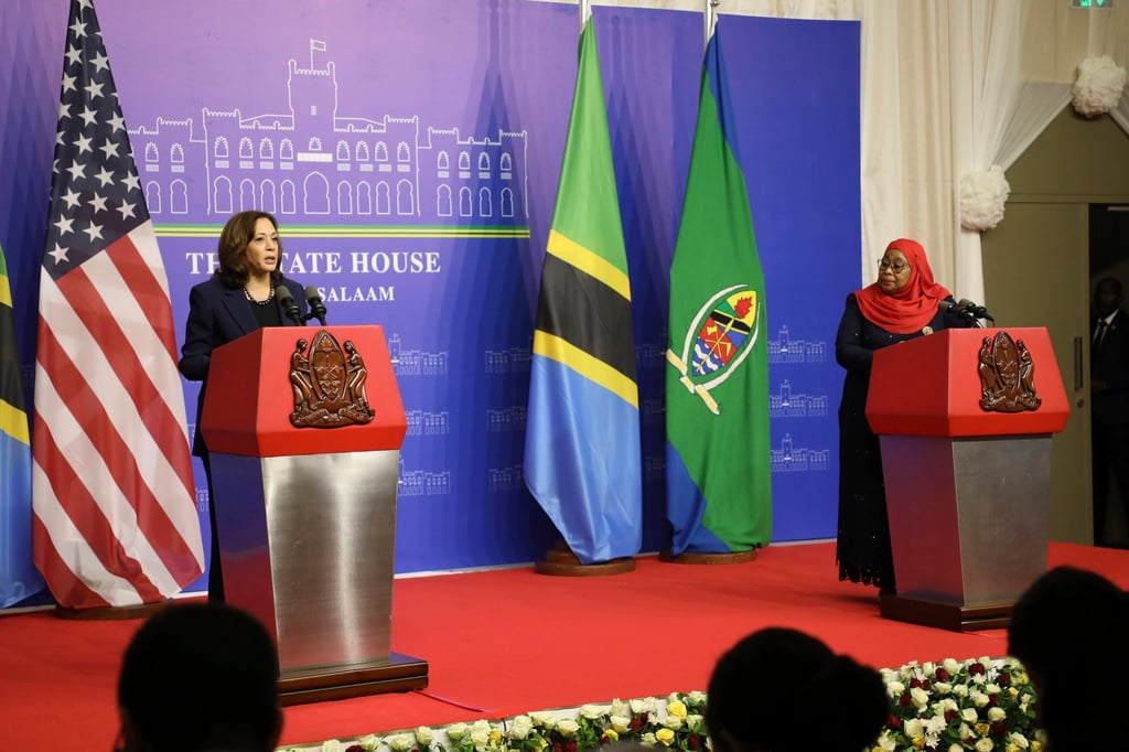 US Vice-President Kamala Harris and Tanzanian President Samia Suluhu Hassan meet the press in Dar es Salaam. Photo: AP US Vice-President Kamala Harris and Tanzanian President Samia Suluhu Hassan meet the press in Dar es Salaam. Photo: AP