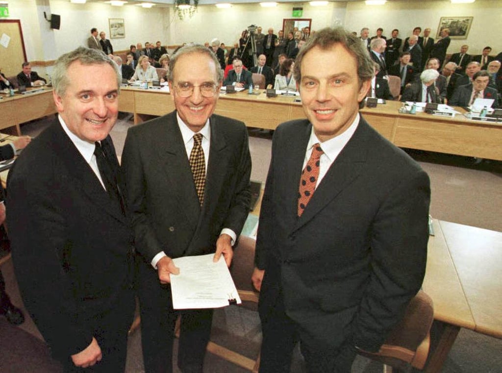 Ireland’s then-Prime Minister Bertie Ahern (left), US Senator George Mitchell and Britain’s then-Prime Minister Tony Blair (right) pose for a photograph on April 10, 1998 after signing the Good Friday Agreement. Photo: AFP