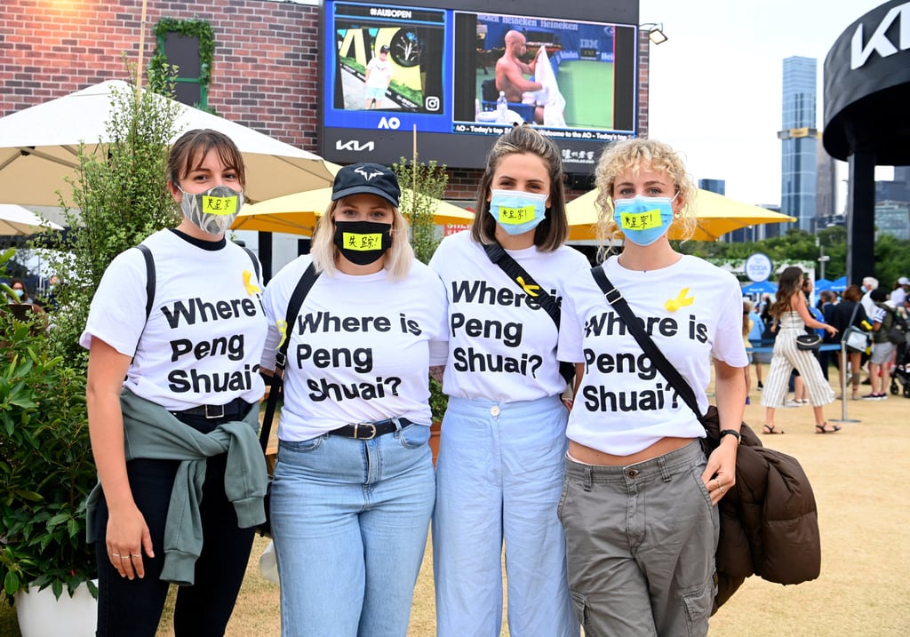 Spectators at the 2022 Australian Open wear T-shirts reading ‘Where is Peng Shuai?’. Photo: Reuters
