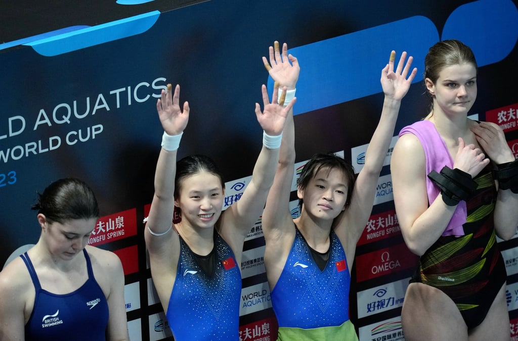 Quan Hongchan (second right) and Chen Yuxi (second left) of China celebrated after the final. Photo: Xinhua Quan Hongchan (second right) and Chen Yuxi (second left) of China celebrated after the final. Photo: Xinhua