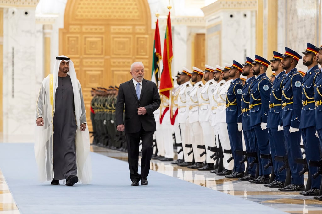 UAE leader Sheikh Mohamed bin Zayed Al Nahyan (left) and Brazil’s President Luiz Inacio Lula da Silva inspect the UAE Honour Guard at Qasr Al Watan in Abu Dhabi on Saturday. Photo: EPA-EFE/Handout