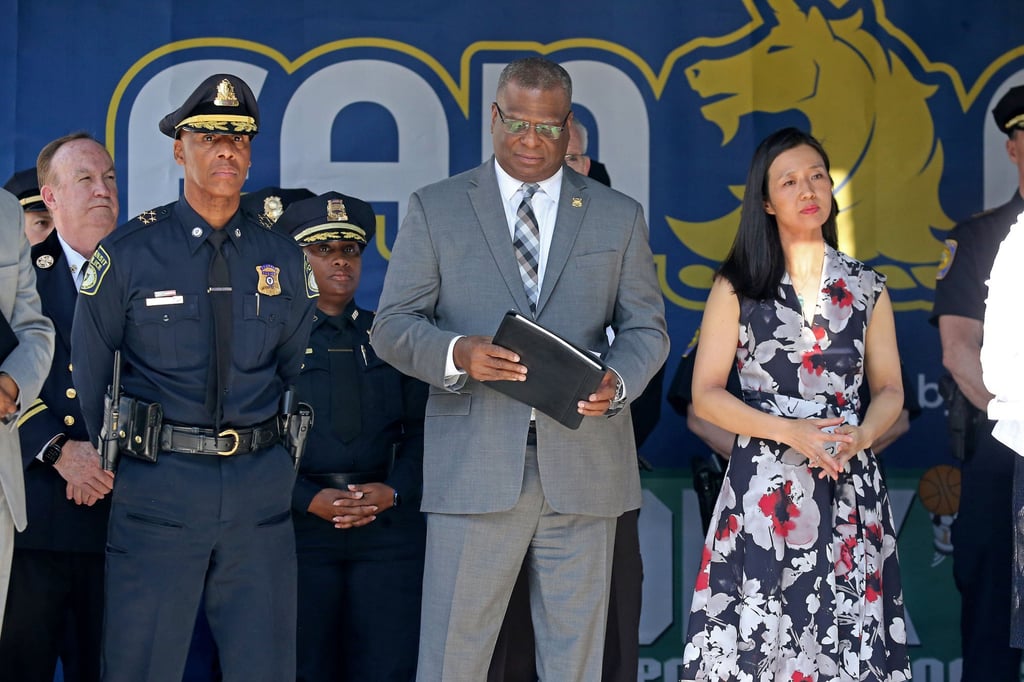 Boston Mayor Michelle Wu, right, Boston Police Department Commissioner Michael Cox, centre, and Massachusetts Bay Transportation Authority chief Kenneth Green, left, at the Boston Marathon Public Safety press conference on April 13. Photo: Boston Herald / TNS Boston Mayor Michelle Wu, right, Boston Police Department Commissioner Michael Cox, centre, and Massachusetts Bay Transportation Authority chief Kenneth Green, left, at the Boston Marathon Public Safety press conference on April 13. Photo: Boston Herald / TNS