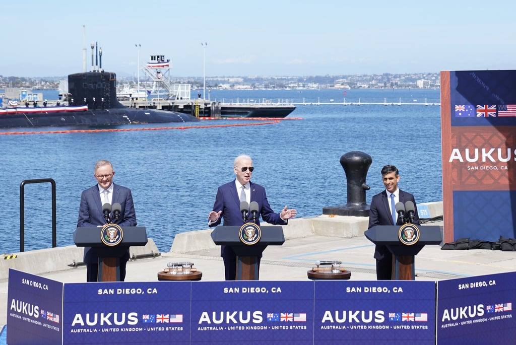 Aukus leaders (from left) Australian Prime Minister Anthony Albanese, US President Joe Biden and British Prime Minister Rishi Sunak at the Point Loma Naval Base in San Diego, California, on March 13 after a meeting to discuss the procurement of nuclear-powered submarines under the Aukus pact. Photo: dpa