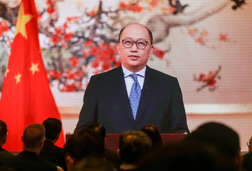 Liaison office director Zheng Yanxiong delivers remarks via video to the forum on Monday. Photo: Xiaomei Chen