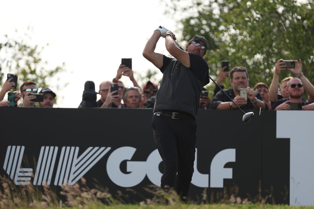 Phil Mickelson tees off on the 16th hole during the final round of the LIV Golf Invitational at The Centurion Club. Photo: TNS Phil Mickelson tees off on the 16th hole during the final round of the LIV Golf Invitational at The Centurion Club. Photo: TNS