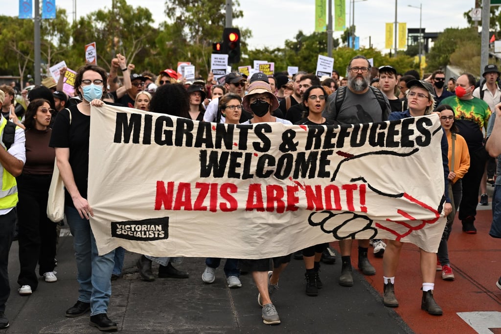 Members of the Campaign Against Racism and Fascism, an Australian activist group, protest against neo-Nazis in Melbourne earlier this year. Photo: AAP/dpa