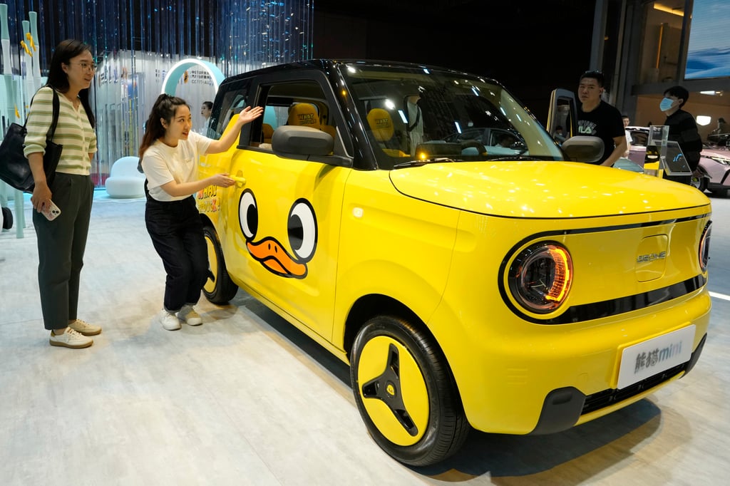 A yellow variant of the electric Panda mini from Chinese carmaker Geely is displayed at the Shanghai Auto Show. Photo: AP Photo A yellow variant of the electric Panda mini from Chinese carmaker Geely is displayed at the Shanghai Auto Show. Photo: AP Photo