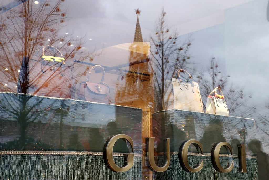 A logo seen in a shop window of a Gucci retail store at the State Department Store GUM at the Red Square in Moscow, Russia, on February 14. Photo: EPA-EFE