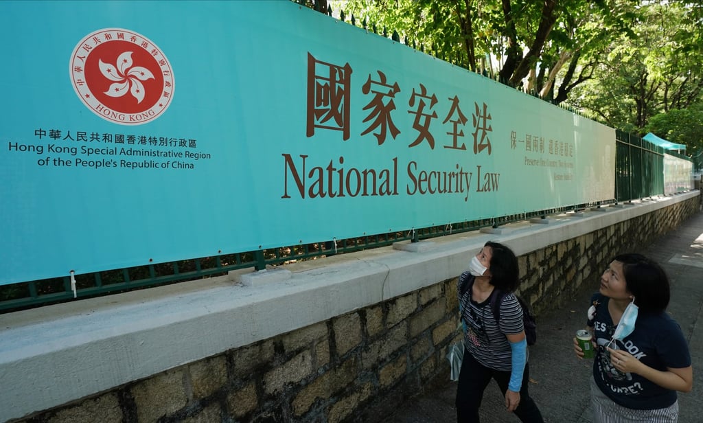 Two women look at a banner advertising the National Security Law. Photo: Felix Wong