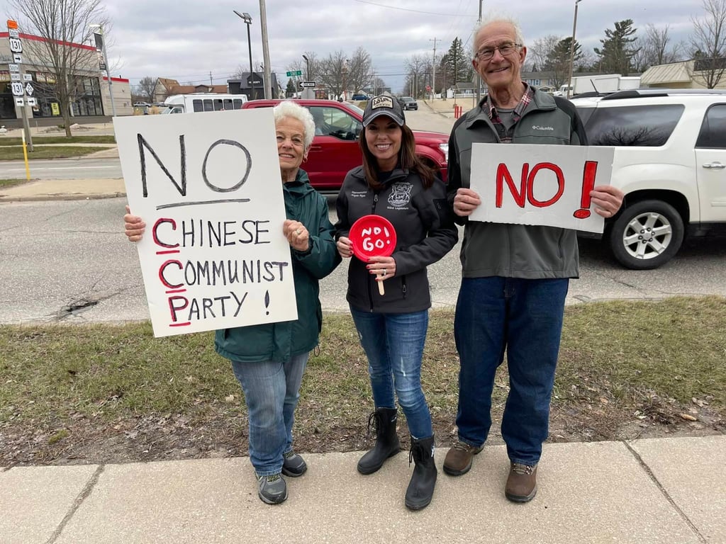 Michigan Republican state representative Angela Rigas (centre) joins protesters outside Ferris State University in Big Rapids, Michigan, on April 5. Photo: Angela Rigas Michigan Republican state representative Angela Rigas (centre) joins protesters outside Ferris State University in Big Rapids, Michigan, on April 5. Photo: Angela Rigas
