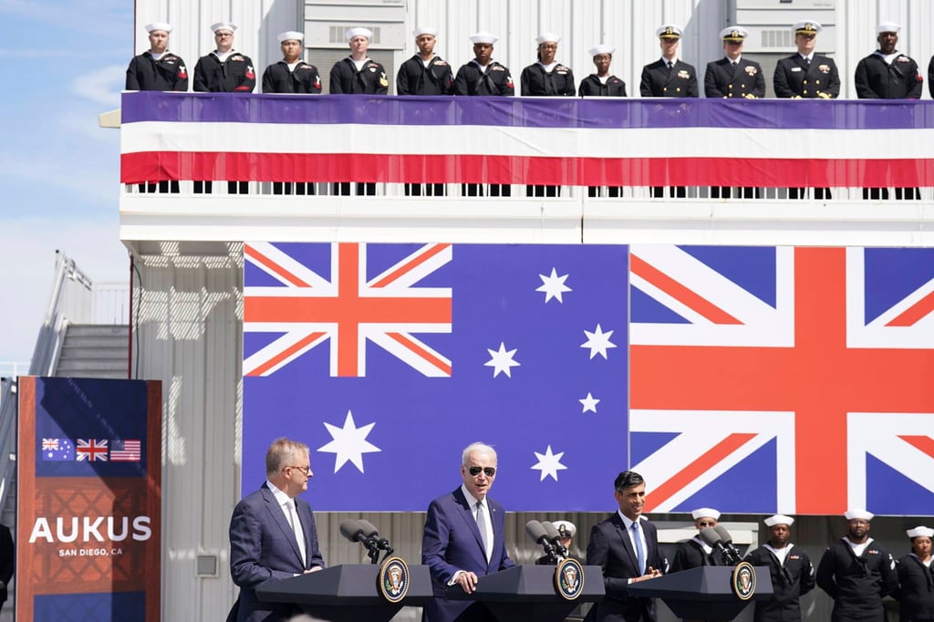 (From left) Australian Prime Minister Anthony Albanese, US President Joe Biden and British Prime Minister Rishi Sunak in San Diego, US, on March 13, 2023, as part of Aukus, a trilateral security pact between Australia, the UK, and the US. Photo: via AP