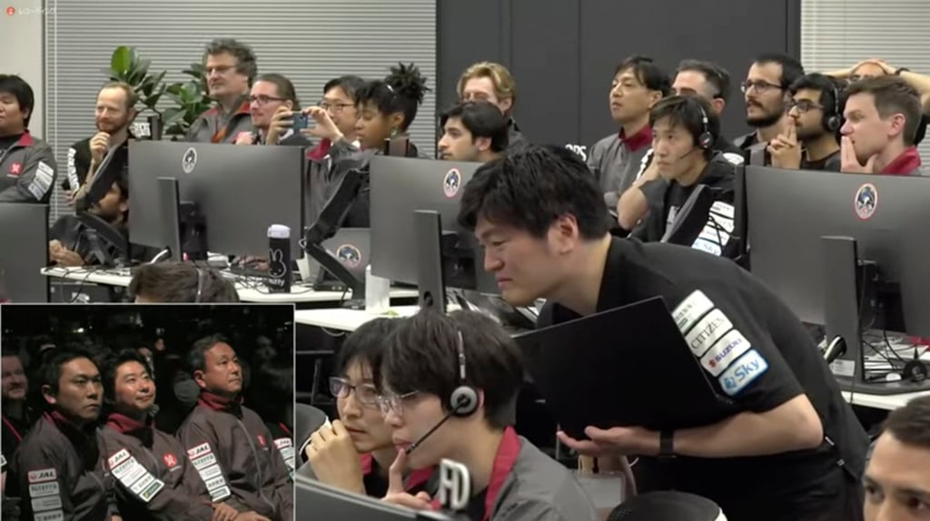 Flight controllers in Tokyo wait for a signal from the company’s Hakuto spacecraft after a landing attempt on the surface of the moon on Wednesday. Photo: ispace via AP
