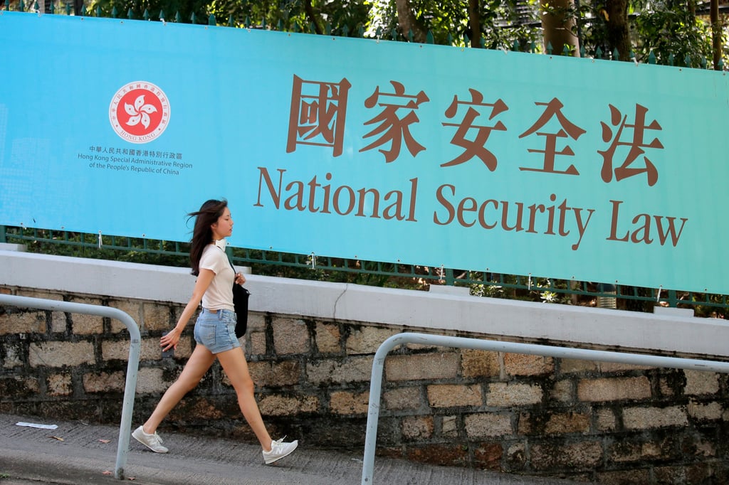 A banner promotes Hong Kong’s national security law in June 2020. Photo: AP