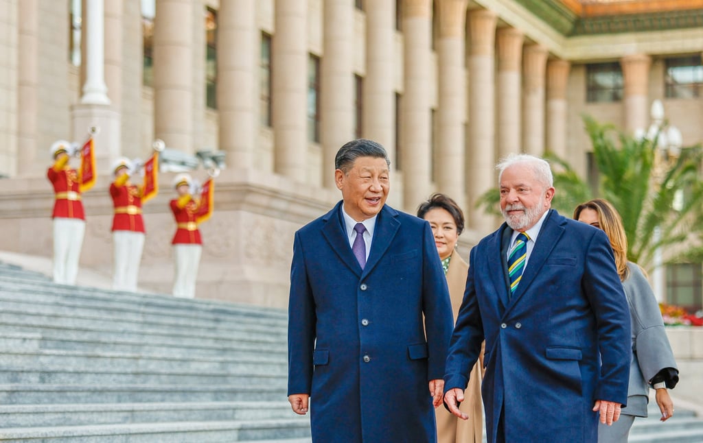 Brazil’s President Luiz Inacio Lula da Silva and China’s President Xi Jinping attend a welcoming ceremony at the Great Hall of the People in Beijing, China. Photo: Reuters Brazil’s President Luiz Inacio Lula da Silva and China’s President Xi Jinping attend a welcoming ceremony at the Great Hall of the People in Beijing, China. Photo: Reuters