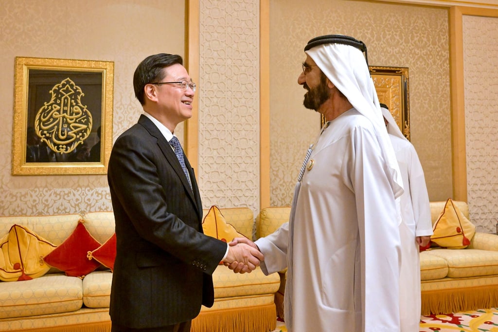 Hong Kong’s Chief Executive John Lee Ka-chiu (left), meets with HH Sheikh Mohammed bin Rashid Al Maktoum (right), the vice-president and prime minister of the United Arab Emirates (UAE) and the ruler of Dubai, in Dubai on February 9, 2023. Photo: Handout Hong Kong’s Chief Executive John Lee Ka-chiu (left), meets with HH Sheikh Mohammed bin Rashid Al Maktoum (right), the vice-president and prime minister of the United Arab Emirates (UAE) and the ruler of Dubai, in Dubai on February 9, 2023. Photo: Handout