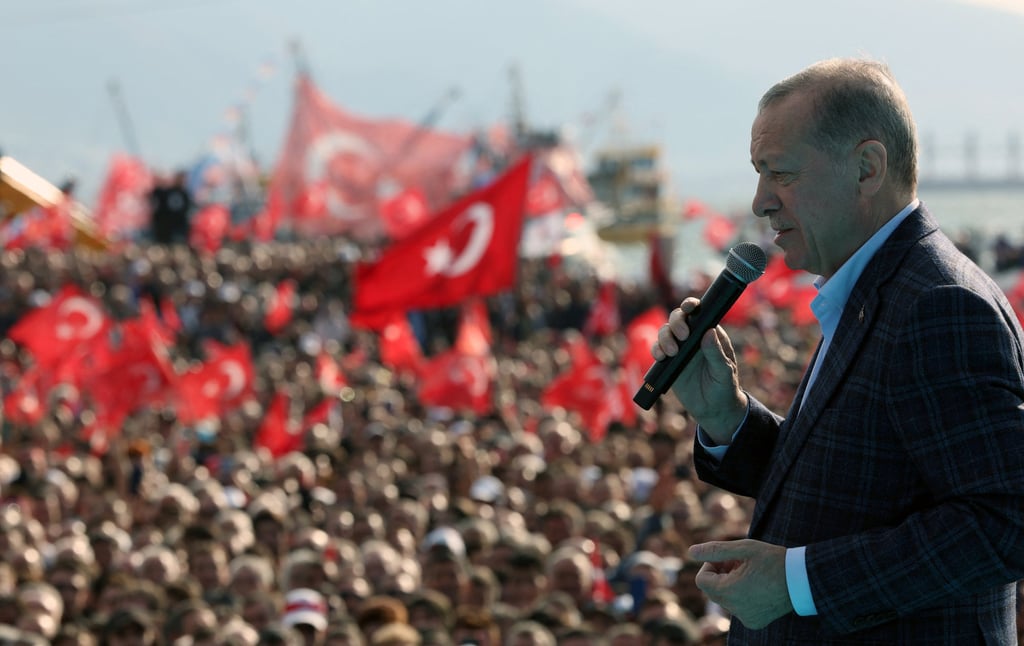 Turkish President Recep Tayyip Erdogan addresses his supporters during a rally in Izmir, Turkey on Saturday. Photo: Presidential Press Office / Handout via Reuters