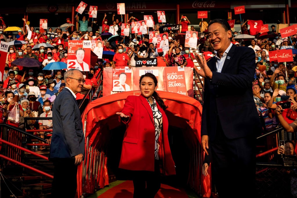 Candidates for prime minister Paetongtarn Shinawatra, centre, Srettha Thavisin, right, and Chaikasem Nitisiri, left, attend an election rally for Thailand’s main opposition Pheu Thai Party. Photo: AFP Candidates for prime minister Paetongtarn Shinawatra, centre, Srettha Thavisin, right, and Chaikasem Nitisiri, left, attend an election rally for Thailand’s main opposition Pheu Thai Party. Photo: AFP
