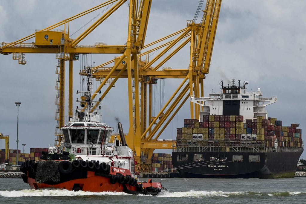 A container vessel is being offloaded at Colombo Port. Photo: AFP