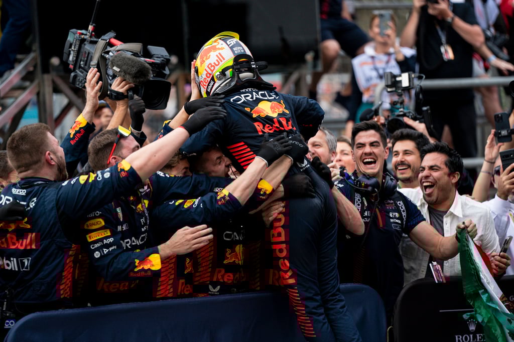 Red Bull’s Sergio Perez celebrates after winning in Baku. Photo: DPA