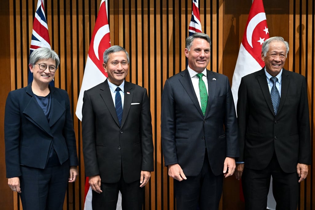 (From left) Australian Foreign Minister Penny Wong, Singaporean Foreign Minister Vivian Balakrishnan, Australian Defence Minister Richard Marles and Singaporean Defence Minister Ng Eng Hen during the Singapore-Australia Joint Ministerial Committee meeting at Parliament House in Canberra on Monday. Photo: EPA-EFE (From left) Australian Foreign Minister Penny Wong, Singaporean Foreign Minister Vivian Balakrishnan, Australian Defence Minister Richard Marles and Singaporean Defence Minister Ng Eng Hen during the Singapore-Australia Joint Ministerial Committee meeting at Parliament House in Canberra on Monday. Photo: EPA-EFE