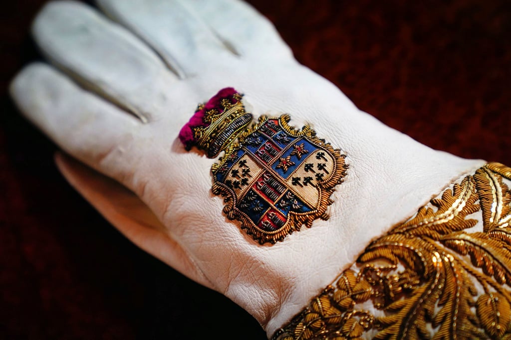 The coronation gauntlet is displayed in the throne room at Buckingham Palace on Wednesday. Photo: PA via AP The coronation gauntlet is displayed in the throne room at Buckingham Palace on Wednesday. Photo: PA via AP