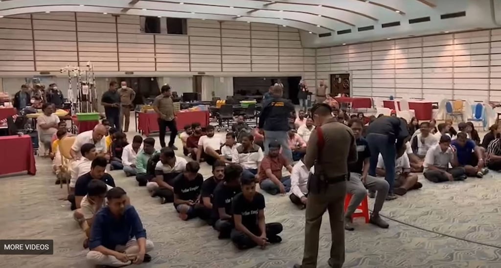 Thai police arrested 93 suspects – 83 Indians, six Thais and four Myanmar nationals – in the predawn raid on an illegal casino at a luxury hotel in Pattaya. Photo: YouTube/Pattaya News Thai police arrested 93 suspects – 83 Indians, six Thais and four Myanmar nationals – in the predawn raid on an illegal casino at a luxury hotel in Pattaya. Photo: YouTube/Pattaya News