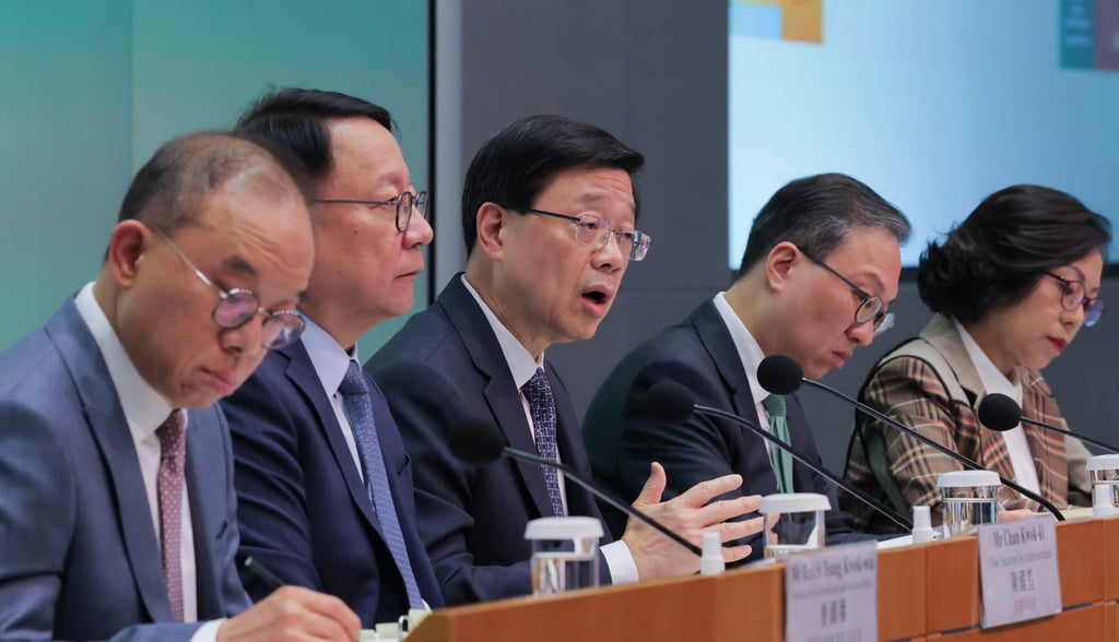 (From left) Secretary for Constitutional and Mainland Affairs Erick Tsang Kwok-wai, Chief Secretary Eric Chan Kwok-ki, Chief Executive John Lee, Secretary for Justice Paul Lam Ting-kwok and Secretary for Home and Youth Affairs Alice Mak announce the revamp on Tuesday. Photo: Jelly Tse (From left) Secretary for Constitutional and Mainland Affairs Erick Tsang Kwok-wai, Chief Secretary Eric Chan Kwok-ki, Chief Executive John Lee, Secretary for Justice Paul Lam Ting-kwok and Secretary for Home and Youth Affairs Alice Mak announce the revamp on Tuesday. Photo: Jelly Tse