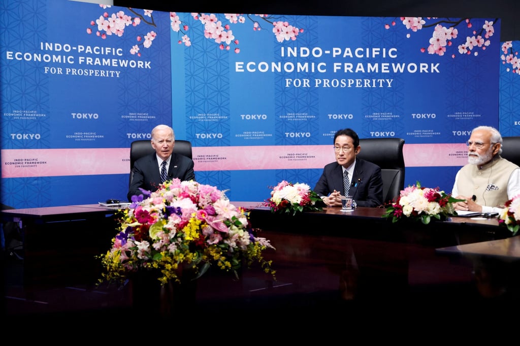 US President Joe Biden delivers remarks along with Japanese Minister Fumio Kishida and Prime Minister Narendra Modi of India at the Indo-Pacific Economic Framework for Prosperity launch event in Tokyo in May 2022. Photo: Reuters