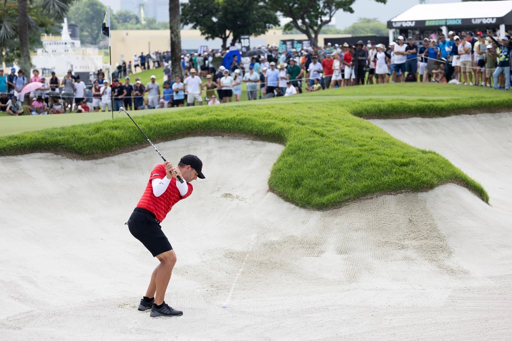 Sergio Garcia hits from a bunker on the 12th hole during the final round of LIV Golf Singapore at Sentosa Golf Club. Photo: AP