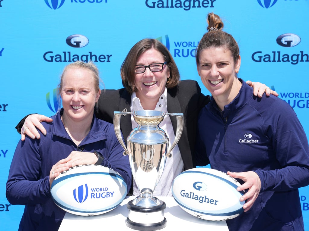 World Rugby’s Sally Horrox with Gallagher Rugby ambassadors Kendra Cocksedge and Sarah Hunter, Gallagher is the official partner of the WXV event. Photo: Handout World Rugby’s Sally Horrox with Gallagher Rugby ambassadors Kendra Cocksedge and Sarah Hunter, Gallagher is the official partner of the WXV event. Photo: Handout