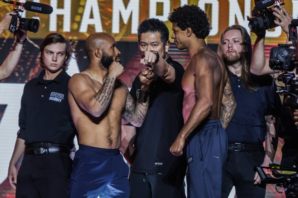 Demetrious Johnson (left) and Adriano Moraes face off before their flyweight MMA title fight. Photo: ONE Championship.