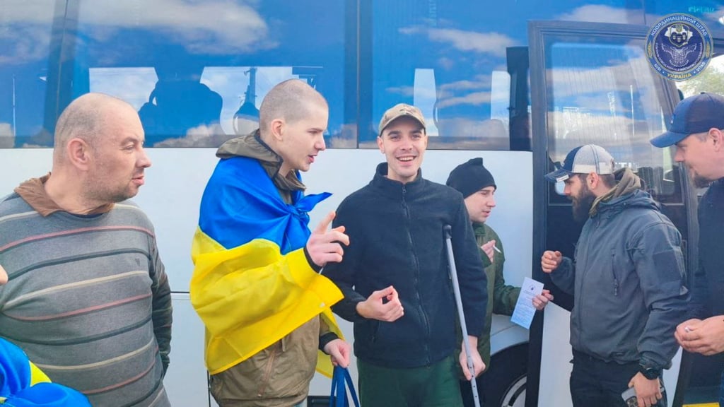Ukrainian prisoners of war after a swap at an unknown location in Ukraine on Saturday. Photo: Coordination Headquarters for the Treatment of Prisoners of War / Handout via Reuters