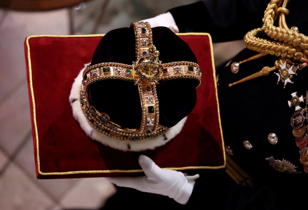 The 17th century St. Edward’s Crown is carried on the day of Britain’s King Charles and Queen Camilla’s coronation ceremony at Westminster Abbey, in London, Britain, on May 6. Photo: Reuters