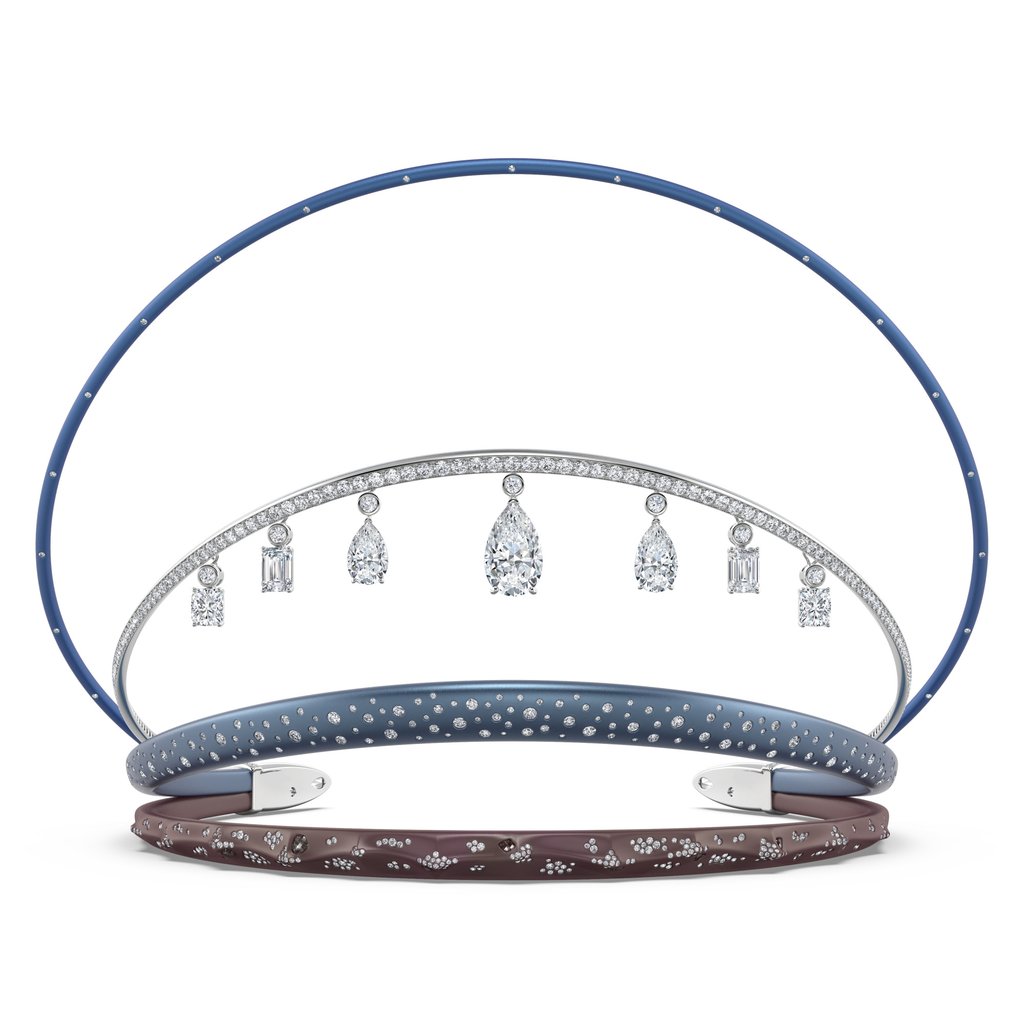 De Beers’ avant-garde tiara features four diamond-studded arcs in blue titanium and platinum. Photo: Handout