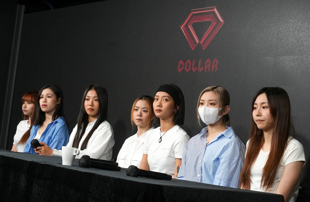 Members of Collar hold a press conference to announce the departure of So Ching on Wednesday. Photo: Sam Tsang Members of Collar hold a press conference to announce the departure of So Ching on Wednesday. Photo: Sam Tsang