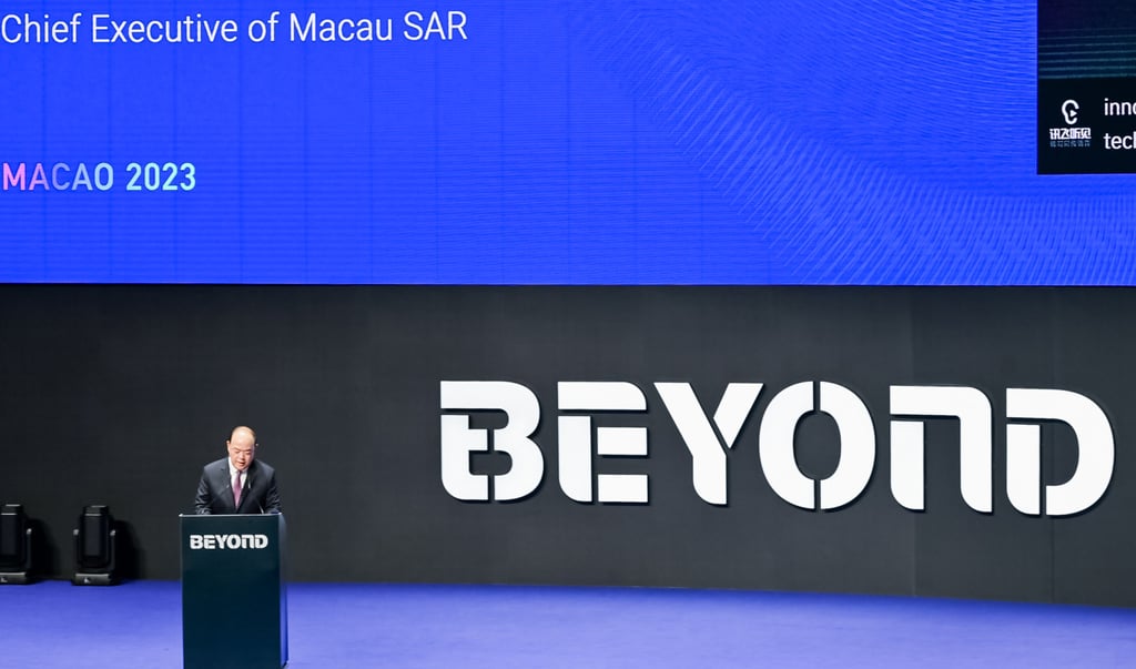 Macau chief executive Ho Iat-seng addresses the Beyond Expo in Macau on May 10, 2023. Photo: Handout