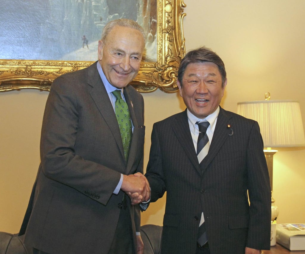 Toshimitsu Motegi meets US Senate Majority Leader Chuck Schumer in Washington on May 1. Photo: Kyodo Toshimitsu Motegi meets US Senate Majority Leader Chuck Schumer in Washington on May 1. Photo: Kyodo