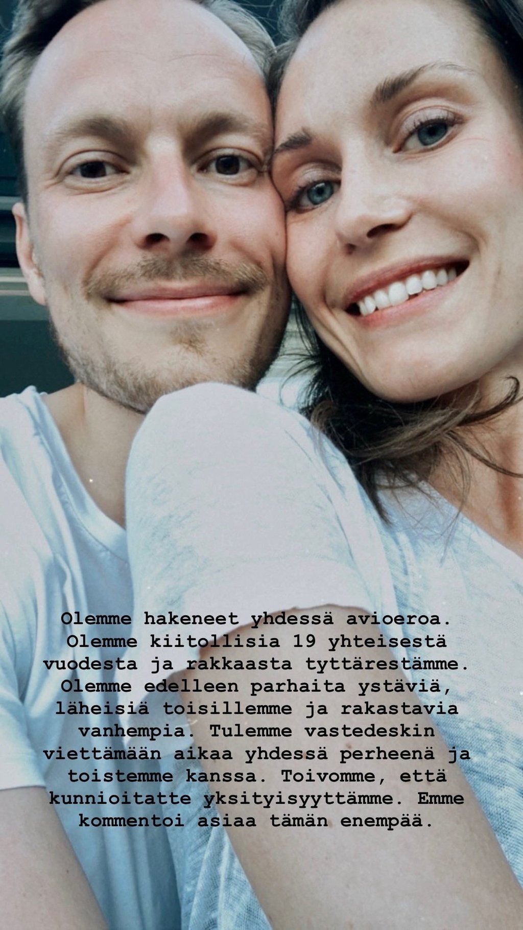 Finland’s Prime Minister Sanna Marin announced her divorce by posting an image of herself and her husband on social media. Photo: Instagram via @sannamarin/Reuters