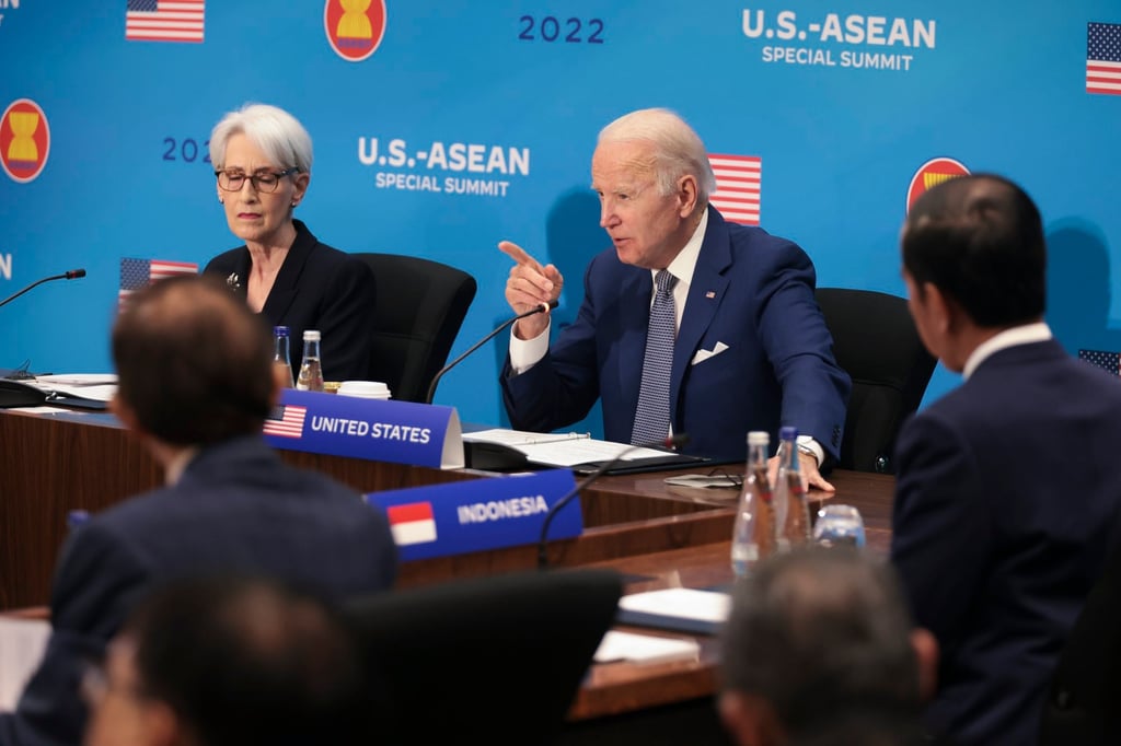 Sherman (left) and US President Joe Biden attend a US-Asean meeting in Washington in May last year. Photo: EPA-EFE