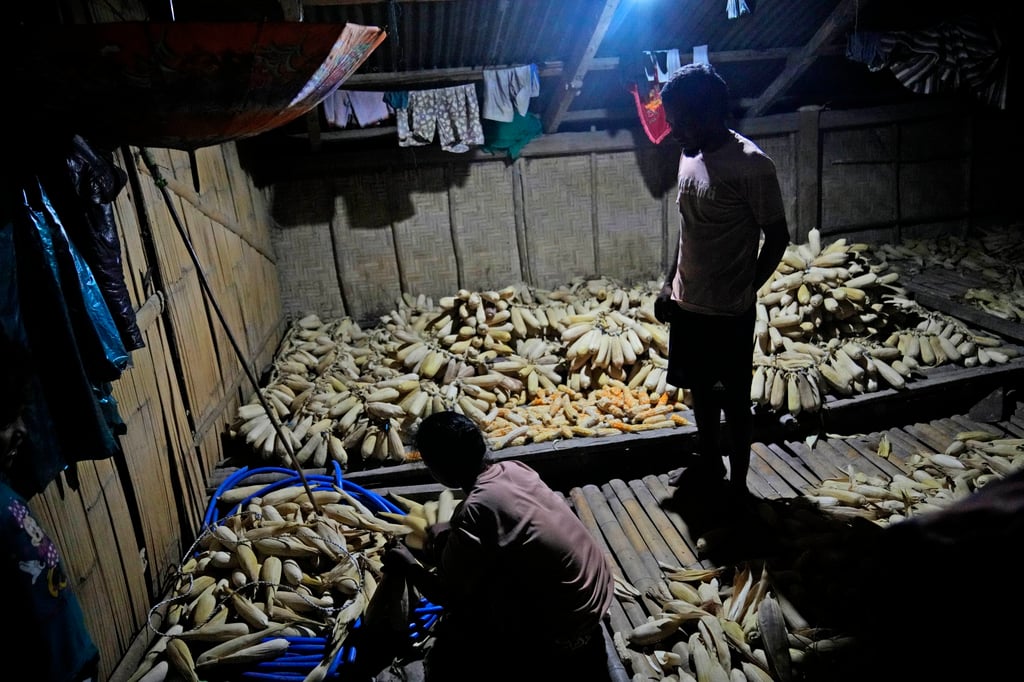 A husband and wife sort corns in their house whose electricity comes from solar energy in Ndapayami village on Sumba Island, Indonesia, on March 20, 2023. Photo: AP A husband and wife sort corns in their house whose electricity comes from solar energy in Ndapayami village on Sumba Island, Indonesia, on March 20, 2023. Photo: AP