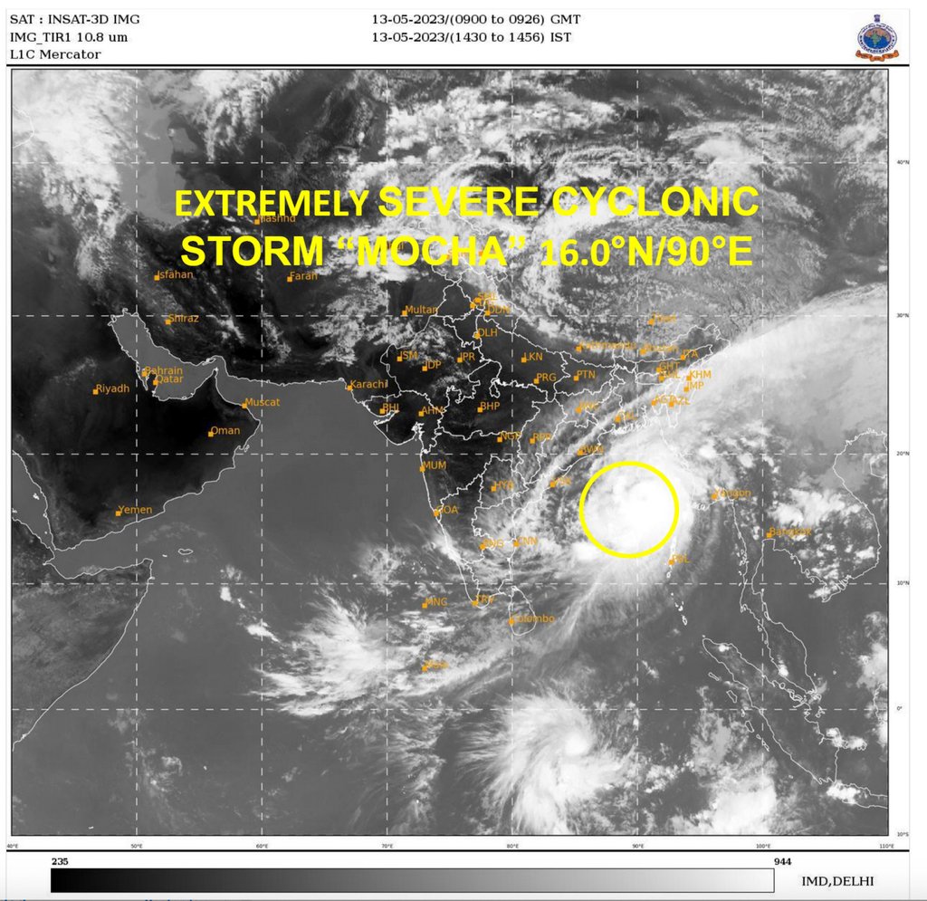 A satellite image shows storm Mocha intensify into an extremely severe cyclonic storm. Photo: India Meteorological Department via AP