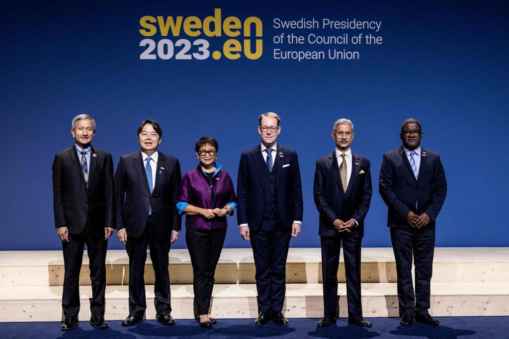 From left, Singapore’s Minister of Foreign Affairs Vivian Balakrishnan, Japan’s Minister of Foreign Affairs Yoshimasa Hayashi, Indonesia’s Minister of Foreign Affairs Retno L.P. Marsudi, Sweden’s Minister of Foreign Affairs Tobias Billstrom, India’s Minister of Foreign Affairs Subrahmanyam Jaishankar and Comoros’s Minister of Foreign Affairs Dhoihir Dhoulkamal at the EU Indo-Pacific Ministerial Forum in Sweden. Photo: AFP