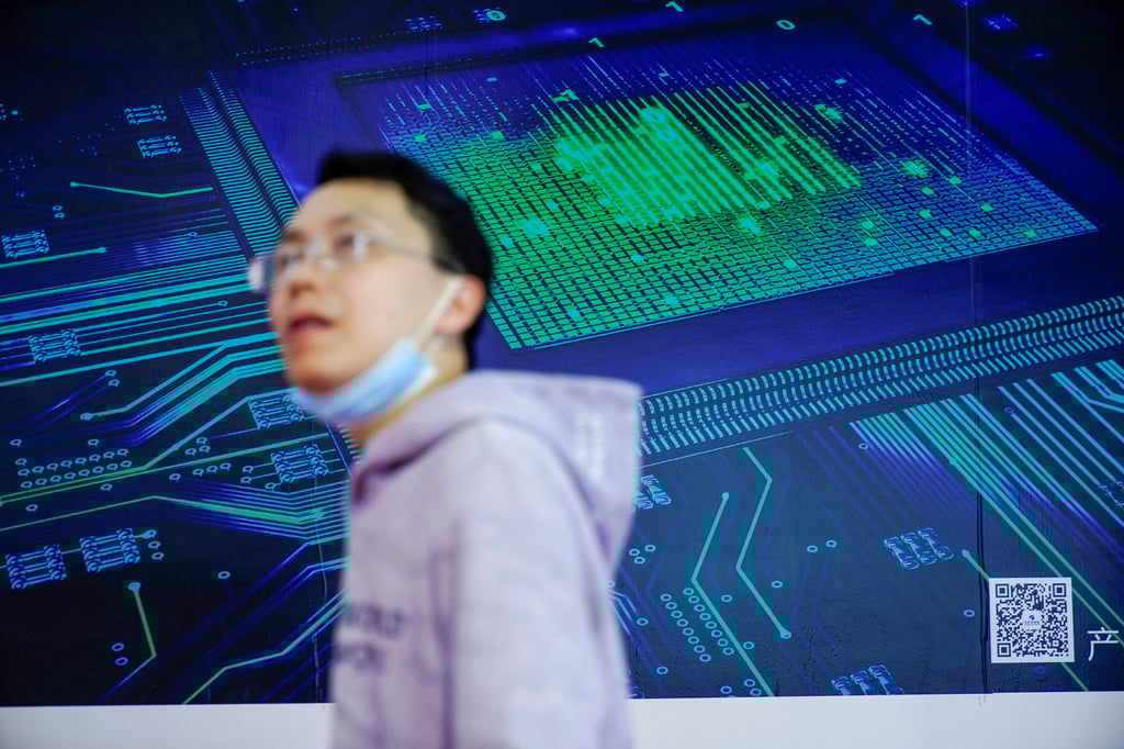 A man visits Semicon China, a trade fair for semiconductor technology, in Shanghai in March 2021. US trade sanctions have effectively slowed the development of advanced chips in China. Photo: Reuters A man visits Semicon China, a trade fair for semiconductor technology, in Shanghai in March 2021. US trade sanctions have effectively slowed the development of advanced chips in China. Photo: Reuters