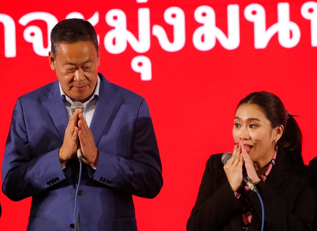 Pheu Thai Party’s prime ministerial candidates Paetongtarn Shinawatra, right, and Srettha Thavisin at the party’s headquarters in Bangkok, Thailand on Sunday. Photo: EPA-EFE Pheu Thai Party’s prime ministerial candidates Paetongtarn Shinawatra, right, and Srettha Thavisin at the party’s headquarters in Bangkok, Thailand on Sunday. Photo: EPA-EFE
